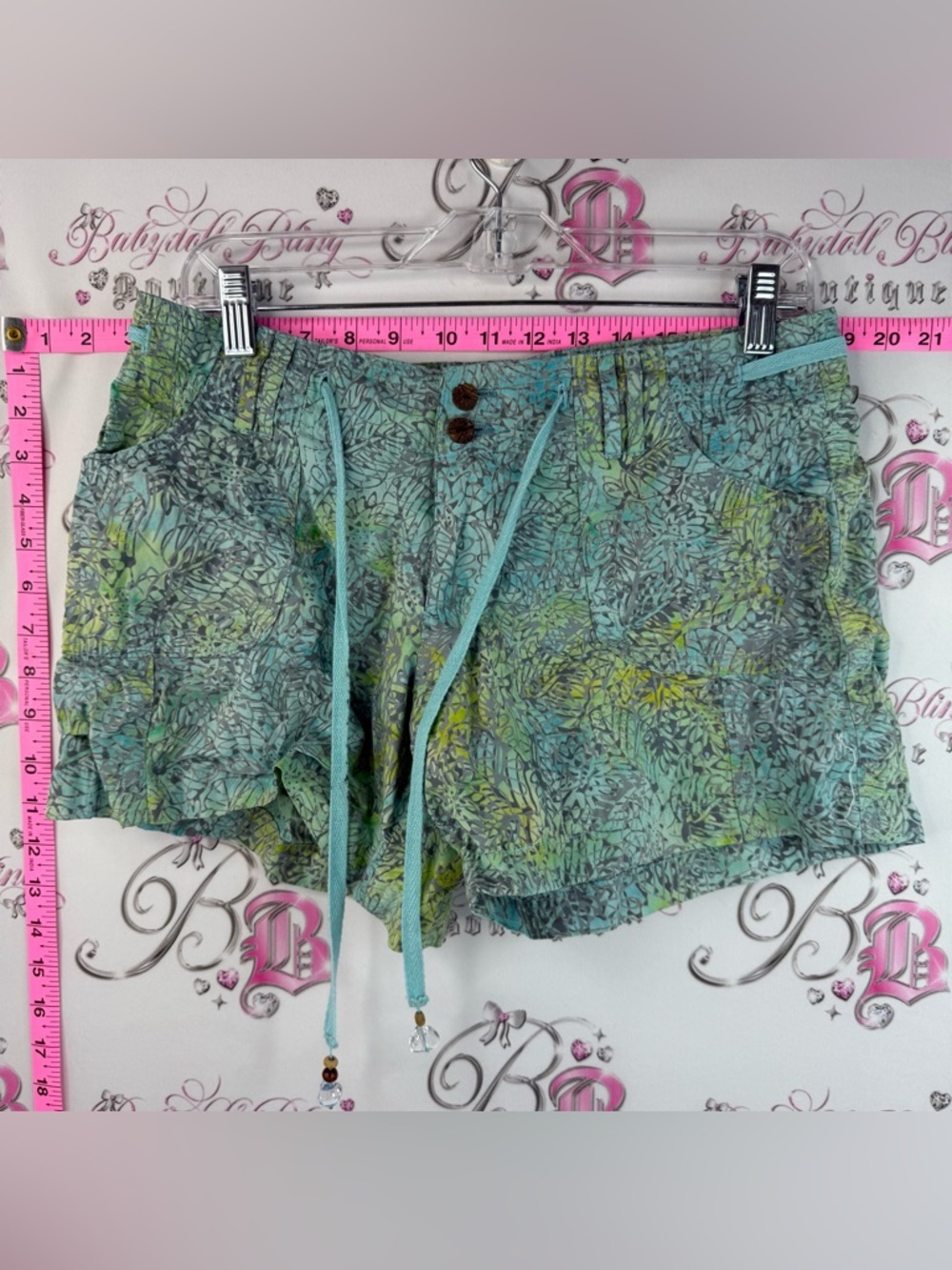 Santiki Women's Drawstring Athletic Shorts Teal Leaf-Print Flowly Beachy Summer